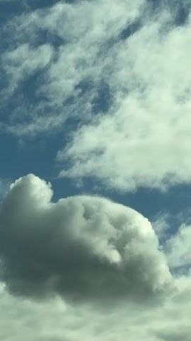 The video shows a cloudy blue sky with several cumulus clouds. Some trees are visible in the foreground. The camera is moving.