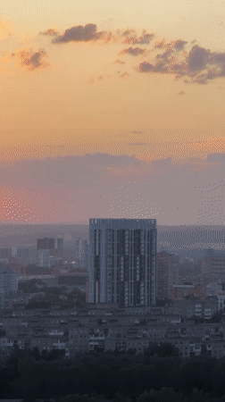 Sunset aerial view captured over Mokino, Russia cityscape