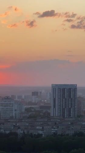 Sunset aerial view captured over Mokino, Russia cityscape