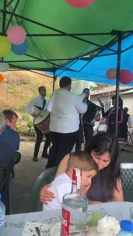 Here's a description of the video:

The video shows a group of musicians performing outdoors under a green and blue canopy decorated with colorful balloons. The musicians consist of an accordion player, a drummer, and someone playing a clarinet. They are dressed in formal attire. An audience sits at tables, watching the performance. In the foreground, a woman holds a young child on her lap, with a bottle of alcohol on the table in front of them. The setting appears to be a backyard or outdoor event space, with greenery visible in the background.