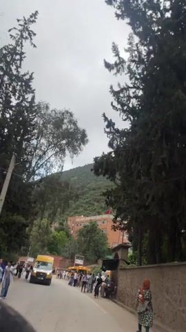 The video captures a bustling street scene in Taljarft, Morocco, set against a backdrop of lush, green mountains under an overcast sky. Numerous people, predominantly young individuals likely students, are gathered along the roadside and walking on the pavement. The road is busy with vehicular traffic, including several distinctive yellow school buses, a white van, a silver car, and a motorcycle.

In the mid-ground, a prominent multi-story building with light brown/orange walls and many windows stands on the hillside, adorned with a Moroccan flag flying from its roof, suggesting a school or public institution. The surrounding hills are densely covered with trees and vegetation. Tall trees in the foreground frame the view, enhancing the natural setting. The time of day is daytime, with bright yet diffuse lighting due to the cloudy conditions. No explicit text is clearly legible in the scene. The overall impression is of a lively community area nestled within a verdant, mountainous landscape.