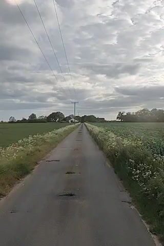 The camera moves forward on a narrow asphalt road that stretches straight ahead into the distance. The road is lined on both sides by fields of green grass and white flowers. An electrical line extends above the road, running parallel with it to the horizon. The sky is overcast with grey clouds. In the distance, a building is visible at the end of the road. The road has patches of discoloration, and small areas of grass grow in the pavement.
