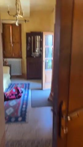The video shows a room with yellow walls and a tiled floor. There is a wooden cabinet with a mirror on top, a wooden window with closed shutters, a radiator, and a couch with a colorful rug in front of it. There is also a brown door that leads to an outdoor patio. On the patio, there is a metal table with chairs and some gray plastic chairs. In the background, there are buildings with brick walls and a blue sky with some clouds.