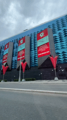 Moscow building displays Victory Parade 2026 banners on Victory Day
