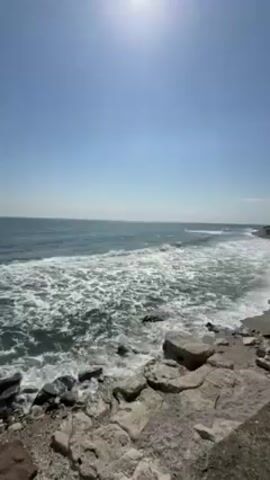 The video shows a coastal scene on a bright, sunny day. The sky is clear blue. The ocean stretches to the horizon, with waves rolling towards a rocky shoreline. The waves are foamy and white. The shoreline is composed of rocks and sand. The sun is high in the sky. There are some trees visible in the distance.