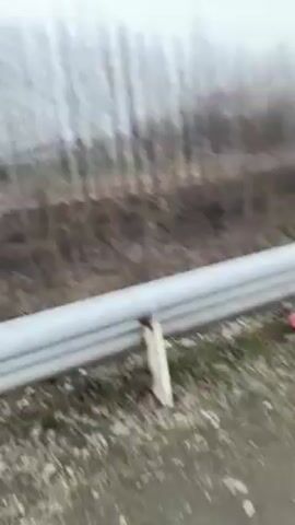 The camera travels along a gray metal guardrail that runs alongside a narrow road on a cloudy day.  Across the guardrail, the land is mostly bare with thin trees lining a ditch.  The road is cracked and patched in places and there are puddles.  Some buildings can be seen in the distance.  The sky is overcast.
