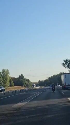 The video shows a view from a vehicle traveling on a highway. The sky is clear and blue. On the left side of the highway, there is a guardrail and trees. On the right side, there are more trees. There are several vehicles on the highway, including trucks, cars, and a motorcycle. The motorcycle is in the foreground and appears to be traveling in the same direction as the camera vehicle. The traffic seems moderate.