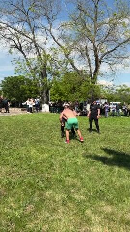 Two men are wrestling in a grassy area, while a crowd watches from a distance. The men are shirtless; one is wearing black pants and the other is wearing green shorts. A third man, dressed in black, is observing the wrestling match from a short distance away. The environment appears to be a park with trees and a clear sky.