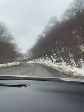 The video shows a car driving on a winding road that is surrounded by snow and trees. The trees are bare. The sky is overcast. The road is mostly clear of snow, although there is snow on the sides of the road. The dashboard of the car is visible in the foreground.  There is indistinct human speech audible.