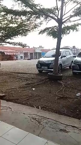 The video shows an outdoor scene, likely a parking lot or open area. In the foreground, a cracked concrete walkway is visible. Behind it, a dirt area with exposed tree roots is present. A young tree, planted in what appears to be an old tire, stands in the center of the frame. Two silver cars are parked behind the tree. The car on the left is a sedan, and the car on the right is a larger vehicle, possibly an SUV or minivan. In the background, several low-rise buildings with corrugated metal roofs are visible, suggesting a commercial or industrial area. The sky is overcast, and the overall lighting is subdued. There are no people visible in the video, and no discernable actions or interactions are taking place. The scene appears static and unremarkable.