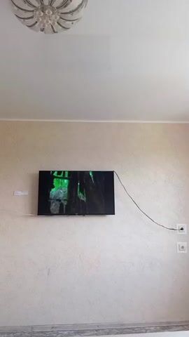 A television set is mounted on a textured, light-colored wall. The TV screen displays a dark image with green foliage, possibly from a nature scene. A black cable extends from the TV to a power outlet on the wall. To the left of the TV, a white rectangular object is attached to the wall. A light fixture with multiple bulbs is visible on the ceiling above the TV. The floor below the wall has a border that appears to be tiling or a similar material.