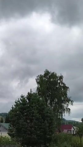 The video shows a cloudy sky over a rural landscape. In the foreground, there is a fence and some greenery. Behind the fence, there are two trees, a pine tree and a birch tree. In the background, there are several houses with red roofs, and a hill. The clouds are dark and heavy, suggesting that it may rain. The overall mood of the video is calm and serene, with a touch of foreboding due to the dark clouds.