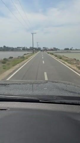 The video shows a view from inside a vehicle looking out at a straight, paved road. The road has a white dashed line down the center. On either side of the road are fields that appear to be flooded or very wet, possibly rice paddies. There are utility poles with power lines running along the side of the road. In the distance, there are a few small buildings and trees. The sky is mostly clear with some clouds. The dash of the vehicle is visible in the foreground. The camera is static.