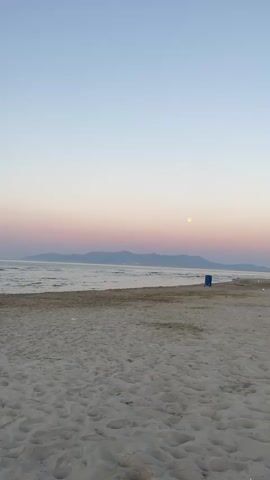 A static shot of a beach with soft sand in the foreground. The ocean with small waves is visible in the middle ground, meeting a distant shoreline with hills. The sky displays a gradient of pale blue at the top transitioning to pink and purple near the horizon. A small, pale circle, possibly the moon, is visible in the sky. A blue trash can is situated on the sand near the waterline. No people or animals are present.