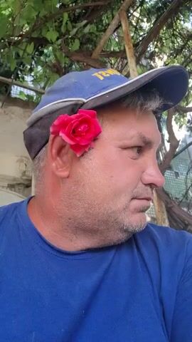A man wearing a blue t-shirt and a blue baseball cap with a red rose tucked behind his ear is looking to the right. He has short, graying hair and a beard. The man appears to be outdoors, with foliage and a rusty metal structure visible in the background. The video is short, capturing a still moment.