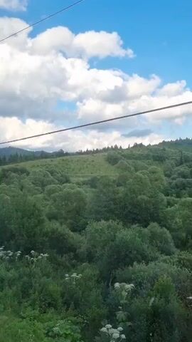 The video shows a landscape with a bright blue sky and scattered white clouds. The foreground is filled with lush green vegetation, including bushes and tall white flowers. In the background, there are rolling hills covered in dense green trees and grass. A faint horizontal structure, possibly a bridge or a power line, is visible spanning across the distant hills. A partial view of a concrete structure and a wooden pole is present on the left side of the frame. The overall impression is a scenic view of a natural, mountainous or hilly environment on a clear day.