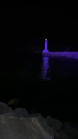 A purple-lit lighthouse stands on a breakwater at night. The dark water reflects the purple light, and rocks are visible in the foreground.
