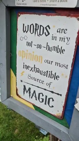 The video shows a close-up view of a Little Free Library, a small wooden structure designed to hold books for community sharing. A sign on the front of the library features a quote in a Harry Potter-esque font: "WORDS are in my not-so-humble opinion our most inexhaustible Source of MAGIC." The sign is weathered and has a slightly distressed look. To the right of the sign, the door of the library is slightly ajar, revealing a collection of books inside. The books are of various sizes and colors, with some titles visible, including "Harriet" and "Dinosaur Roar!" The library itself is decorated with a stone pattern and has colorful painted panels on the side. An owl figurine sits on the roof of the library, possibly acting as a decorative element or a marker. A hand is briefly seen reaching towards the library door. The environment appears to be outdoors, with greenery visible in the background.