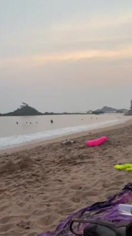 The video shows a beach scene at dusk or dawn. The sky is overcast. In the distance, people are swimming in the ocean. Closer to the camera, a dog is lying on the sand near a pink inflatable object. A patterned cloth and a black bag are in the foreground. The camera zooms in slightly on the dog.