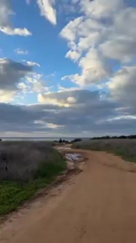 The video shows a landscape near the sea. A dirt path leads towards the ocean, bordered by dry grass and greenery. In the distance, two figures are walking towards the sea. The sky is predominantly covered with clouds, with patches of blue visible. The sunlight breaks through the clouds, casting light rays down. Further along the coastline, several palm trees can be seen.