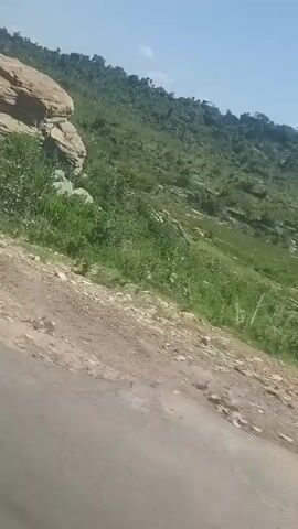 The video shows a view from a vehicle traveling along a road. The road is partially visible in the foreground, appearing to be made of asphalt with some cracks and gravel. To the right of the road, a steep, green, and rocky hillside rises. The hillside is covered with dense vegetation, including trees and shrubs. The sky above is blue with scattered white clouds. The camera appears to be moving, giving a sense of travel. The video does not contain any people or discernable buildings or structures. The overall scene depicts a natural, undeveloped landscape.
