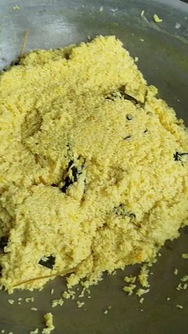 A close-up overhead shot shows a large metal pot filled with a yellow, rice-like substance. Dark green leafy pieces and some thin, straw-like elements are mixed throughout the yellow material. The lighting is bright, suggesting an indoor setting. The texture of the yellow substance appears granular, and it is mounded in the center of the pot. Some of the yellow material has spilled over the edge of the pot.