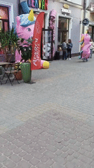Person in pink unicorn costume walks Ternopil street with child