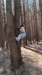 Woman climbs trees in Russian pine forest