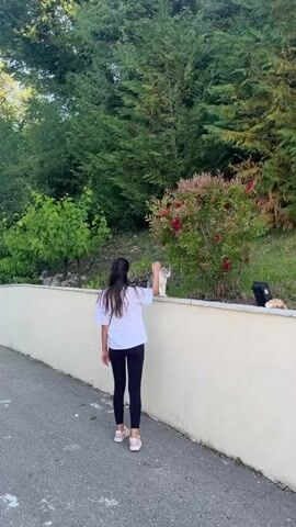 The video presents two outdoor scenes captured during daylight.

In the first scene (0:00-0:02), a young woman with long, dark hair, wearing a white t-shirt, black leggings, and pink sneakers, is seen from behind. She stands on a paved surface next to a low, light-colored wall and is actively petting a gray and white cat that is perched on the wall. Behind the wall, there is abundant green foliage, including tall trees and a bush with vibrant red flowers. A second, light-colored cat is partially visible further down the wall to the right.

The second scene (0:02-0:05) provides a wider view of the surrounding area. It shows a paved road or driveway leading slightly uphill. On the left, there's a stone wall, a metal pergola, and some buildings. The light-colored wall from the first scene continues on the right, backed by dense green trees and bushes. In the distance, two figures are walking away. The background features a striking landscape of green, rolling mountains dotted with residential buildings, all under a clear blue sky with scattered white clouds. The weather appears sunny and pleasant.

The setting suggests a mountainous and green environment, consistent with the provided location context of Podličak, Montenegro. There is no visible text in the video.