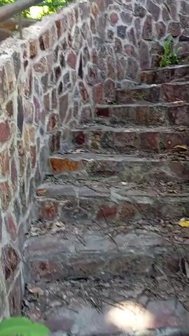 The video shows a set of weathered stone steps leading upwards. The steps are constructed from a combination of flat stones and brick, and the area around them is covered in dead leaves, twigs, and small plants growing between the stones. A stone wall made of irregularly shaped stones forms the backdrop on the left side of the steps. Towards the top of the steps, a metal fence is visible. The camera is moving upwards, giving the viewer the perspective of someone climbing the stairs.