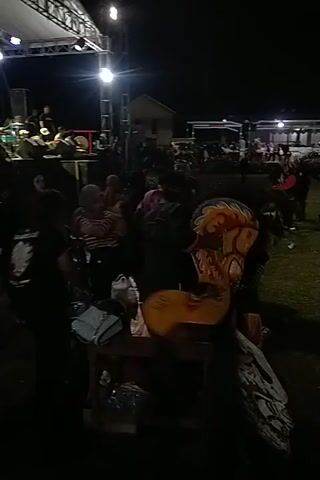 Here's a description of the video:

The video shows a night time outdoor event. A stage with lights and a sound system is visible on the left, while a crowd of people can be seen further in the background. In the foreground, individuals dressed in traditional attire are either sitting or standing around what appears to be some sort of prop or part of a costume. The overall scene is dimly lit with bright stage lights occasionally illuminating the action.