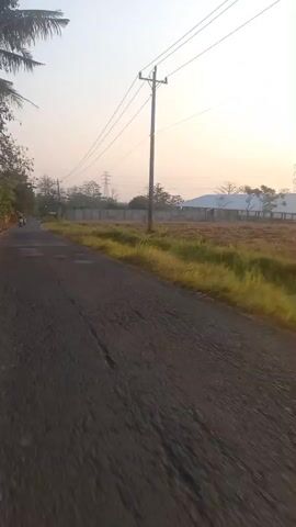 The video shows a rural road with a paved surface that appears to be in fair condition, with some visible patches and cracks. The road is flanked by dry grass and dirt on the right side, and trees and foliage on the left. Overhead, power lines stretch across the frame, supported by a utility pole. In the distance, a construction site or undeveloped land can be seen with some fencing and buildings. The sky is clear and exhibits the soft hues of either sunrise or sunset. Two people on motorcycles are visible in the distance on the left side of the road, moving away from the camera. The camera appears to be mounted on a moving vehicle, possibly a bicycle or another motorcycle, as the perspective shifts slightly. The overall impression is of a quiet, everyday scene in a semi-rural or suburban area.