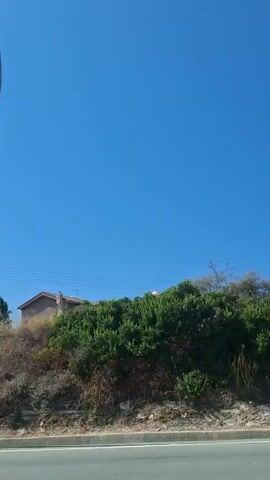 A side-view, moving shot captures a bright, sunny day with a clear blue sky. The camera pans across a landscape dominated by a rocky hillside covered in green foliage and scattered trees. In the distance, a tall, slender cypress tree stands out against the sky. As the camera moves, a small house with a red roof appears on the hilltop, followed by a lamppost. Further along, a dense bush with vibrant pink flowers blooms at the base of the rocky incline. The video ends as the camera passes under a concrete overpass. The ground appears to be a paved road or pathway.