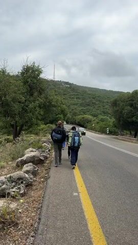 The video shows three hikers walking along a road lined with green trees. Two hikers are walking away from the camera, and one is walking towards it. All three are wearing backpacks. The person closest to the camera is also wearing a bucket hat, and carrying a wooden walking stick and what appears to be a rolled-up sleeping mat. A few cars drive on the road. In the background is a green hillside. The sky is overcast.