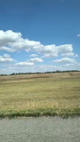 This is a vertical video shot from a moving vehicle. The video shows a rural landscape with a blue sky dotted with white clouds. In the foreground, there is a rough, cracked asphalt surface, possibly a road or shoulder. Beyond this, a wide, dry field stretches into the distance. The field appears to be agricultural land, possibly harvested, with scattered patches of green grass and dry stubble. In the middle ground, a few round hay bales are visible in the field. A line of trees forms the horizon in the far distance. The overall impression is of a sunny, open, and slightly arid environment.