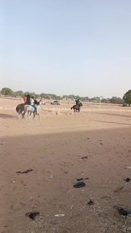 The video shows a dirt field with several people riding horses. There are at least three horses and riders visible. In the foreground, there are two men walking away from the camera. The field is surrounded by a white border, possibly made of tires or a similar material. In the background, there are buildings and trees. The sky is light blue. The ground is littered with trash.