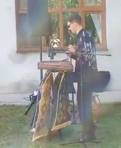 Dulcimer performance and circle dancing at outdoor folk gathering in Sniatyn