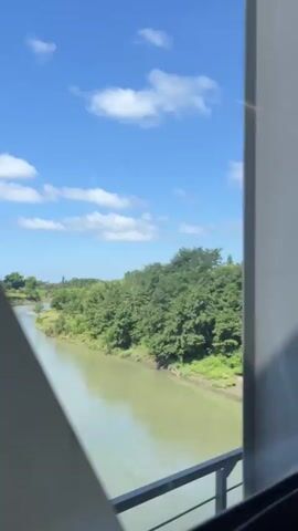 The video pans across a lush green landscape under a bright blue sky dotted with white clouds. In the foreground, a vertical pillar, likely part of a bridge or structure, is visible on the right side. Beyond the pillar, a wide, calm river flows. The banks of the river are lined with dense green trees and vegetation. As the camera moves, the scene transitions to showcase more of the verdant foliage, with trees and bushes filling the frame. Power lines can be seen stretching across the sky in the background, suggesting a developed area within a natural setting. The overall impression is one of a peaceful, scenic view from a moving vehicle, possibly a train or car, traveling alongside the river.