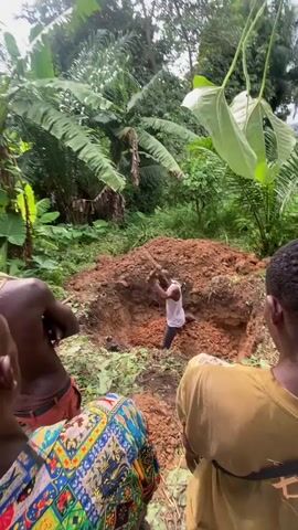 A person wearing a white shirt and dark pants is digging a hole in the ground with a tool. They are bent over and actively engaged in the digging process. The hole is surrounded by reddish-brown soil that has been excavated. There are other people in the foreground, partially visible, observing the person digging. One person is wearing a colorful patterned garment, and another is wearing a tan-colored garment. The environment appears to be outdoors, with dense green foliage and trees in the background. Large green leaves are also visible in the foreground. The overall impression is of manual labor being performed in a natural, possibly tropical, setting.