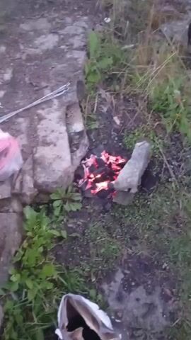 The video begins with a close-up of glowing embers in a fire pit surrounded by rocks and grass. It then pans to a blurry shot of greenery and water. The final shots show a wider view of a body of water with vegetation and a cloudy sky. The video appears to be taken outdoors, possibly at dusk.