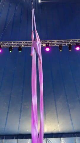A person in a light-colored, full-body leotard performs an aerial silks routine inside a large tent. The performer is suspended from a central point by two long, pink fabric silks. They are positioned high above the ground, with the silks draped downwards and fanning out. In the background, the blue tent ceiling is visible, along with a metal rigging structure equipped with numerous stage lights, some of which are illuminated with pink and green hues. The performer is actively engaged in the routine, manipulating the silks and their body to create various poses and movements.