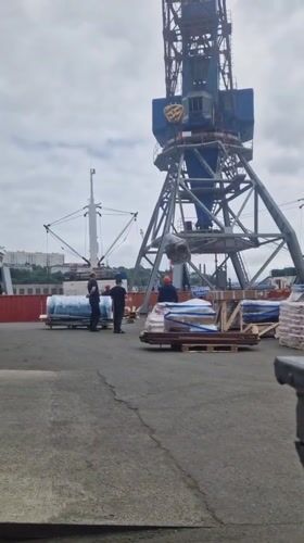 Cargo operations at Vladivostok port, with flowers nearby