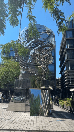 Prague's iconic reflective segmented head sculpture up close