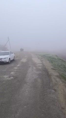 The video shows a foggy rural scene. A white car is parked on the left side of a dirt road. In the distance, a dark vehicle moves slowly down the road, partially obscured by the heavy fog. To the right of the road, a grassy embankment slopes down to a small, overgrown ravine. Bare trees and vegetation are visible in the ravine. A communications tower is visible in the distance, disappearing into the fog. The overall atmosphere is bleak and indistinct due to the dense fog.