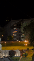 Nighttime scenes captured around government buildings in Yerevan, Armenia
