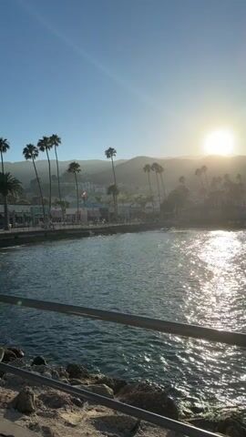 The video shows a scenic view of a coastline at sunset. The sun is setting behind a range of hills, casting a warm glow over the water and the palm trees lining the shore. The water is calm, with small waves gently lapping at the shore. In the foreground, a rocky embankment is visible, with a metal railing running along the edge. A pier or boardwalk extends out into the water, and buildings and palm trees are visible along the coastline. The sky is clear, with a few wispy clouds. The overall mood is peaceful and serene.