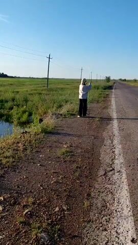 This video shows a wide shot of a rural landscape under a clear blue sky. The scene is bathed in the warm light of a setting or rising sun, casting a gentle glow over the environment. 

In the foreground, a person stands on the edge of a dirt road, holding two fishing rods. The person is wearing a light-colored hoodie and dark pants, with a light-colored cap. They appear to be preparing to fish. To the left of the road, a small body of water, possibly a pond or a ditch, is visible, surrounded by lush green grass and reeds. 

The road stretches into the distance, flanked by vast fields of green grass. In the background, a few scattered trees and utility poles punctuate the horizon. The overall impression is one of peaceful solitude and a connection with nature. The time of day appears to be late afternoon or early evening, judging by the quality of the light. The weather seems to be fair and calm.

The location is identified as Vozdvizhenka, Russia. There is no visible text in the video.