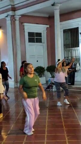 A group of women are dancing outdoors on a reddish-brown tiled surface. The building behind them has white pillars and a pink facade. The women are dressed in various casual workout clothes. They all appear to be following the same dance routine. A potted plant sits next to one of the building's doors. The time of day appears to be evening or night.
