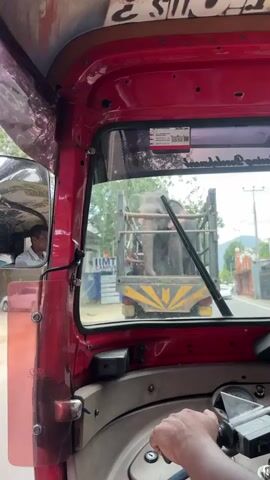 The video is shot from the perspective of a person inside a red tuk-tuk. The camera is focused on the road ahead through the windshield. A man is driving the tuk-tuk, his hands visible on the steering wheel. Outside, a flatbed truck is in front of the tuk-tuk, carrying two elephants. The elephants are in a metal enclosure with wooden bars. One elephant is more prominent, standing in the center of the enclosure. A man is sitting on the edge of the truck bed, between the two elephants. The truck has a yellow and black striped pattern on its rear. The environment appears to be a street with trees and buildings visible in the background. Other vehicles, including another tuk-tuk, can be seen on the road. The overall scene depicts a truck transporting elephants on a public road.