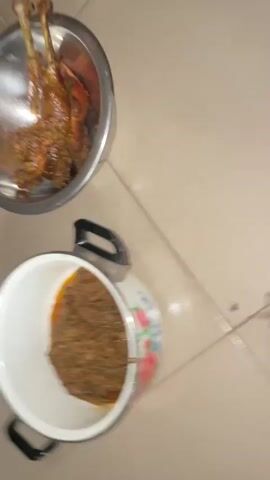 The video showcases a culinary preparation in what appears to be a kitchen or food preparation area, likely in Aiyegunle, Nigeria. The primary subjects are two dishes of food. In the upper part of the frame, a metallic bowl holds two cooked duck legs, coated in a rich, textured sauce with visible spices and herbs. Below this, a white enamel pot contains a generous portion of a minced or ground meat dish, also in a dark, flavorful sauce with distinct ingredients, possibly beans or seeds, visible within the mixture.

The lighting suggests an indoor setting, possibly during the day or evening. The background shows tiled flooring, typical of a domestic or commercial kitchen. The camera movements are dynamic, with close-ups that highlight the appetizing textures and colors of the food. One shot pans across the pot of minced meat, revealing the glistening sauce and chunky ingredients. Another focuses on the duck legs in the metallic bowl, emphasizing their golden-brown skin and the way the sauce adheres to them.

The overall impression is one of a meal being prepared or presented. There is no visible text in the video. The focus is entirely on the food, suggesting a presentation of a prepared dish. The rich appearance of both dishes implies a flavorful and well-seasoned meal. There are no people visible in the frame.
